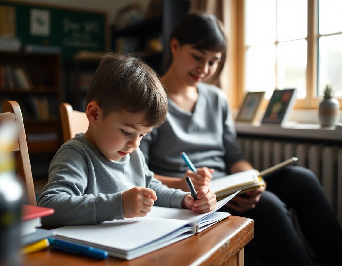 Child drawing in a notebook while a parent sits nearby in a cozy home setting