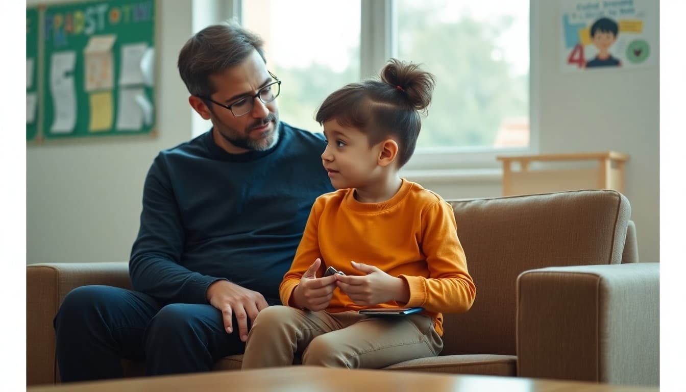 Parent sitting with a kindergartner on a couch having a calm conversation together