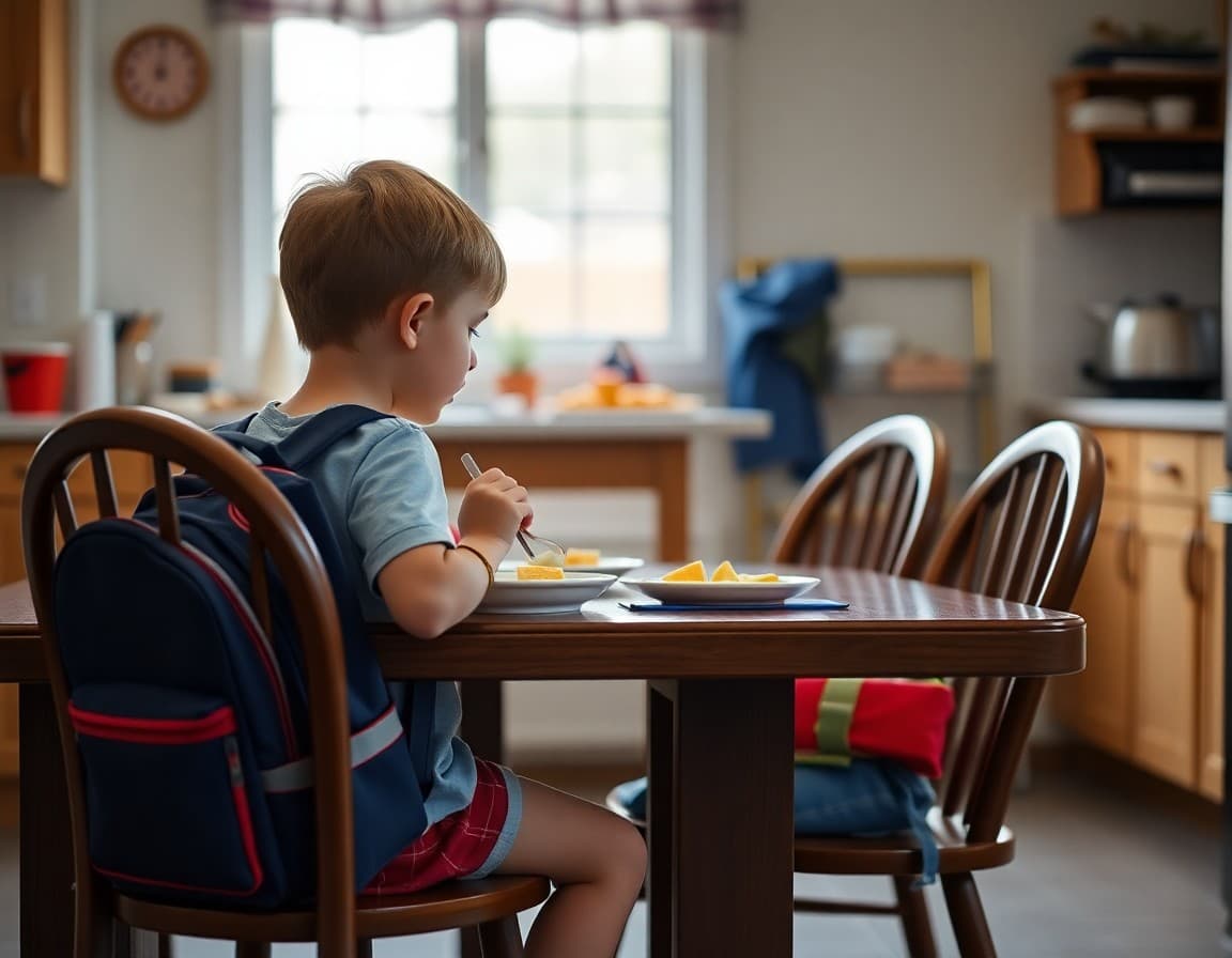 Child eating breakfast at the kitchen table with a backpack on the chair beside them
