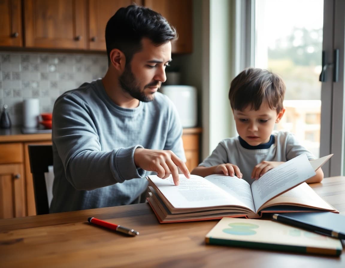 Child pointing at words in a book while parent listens at the kitchen table