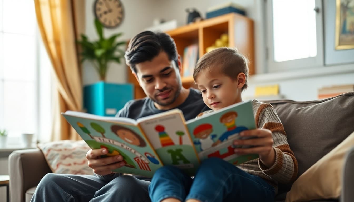 Parent and kindergartner reading a picture book together on a couch at home