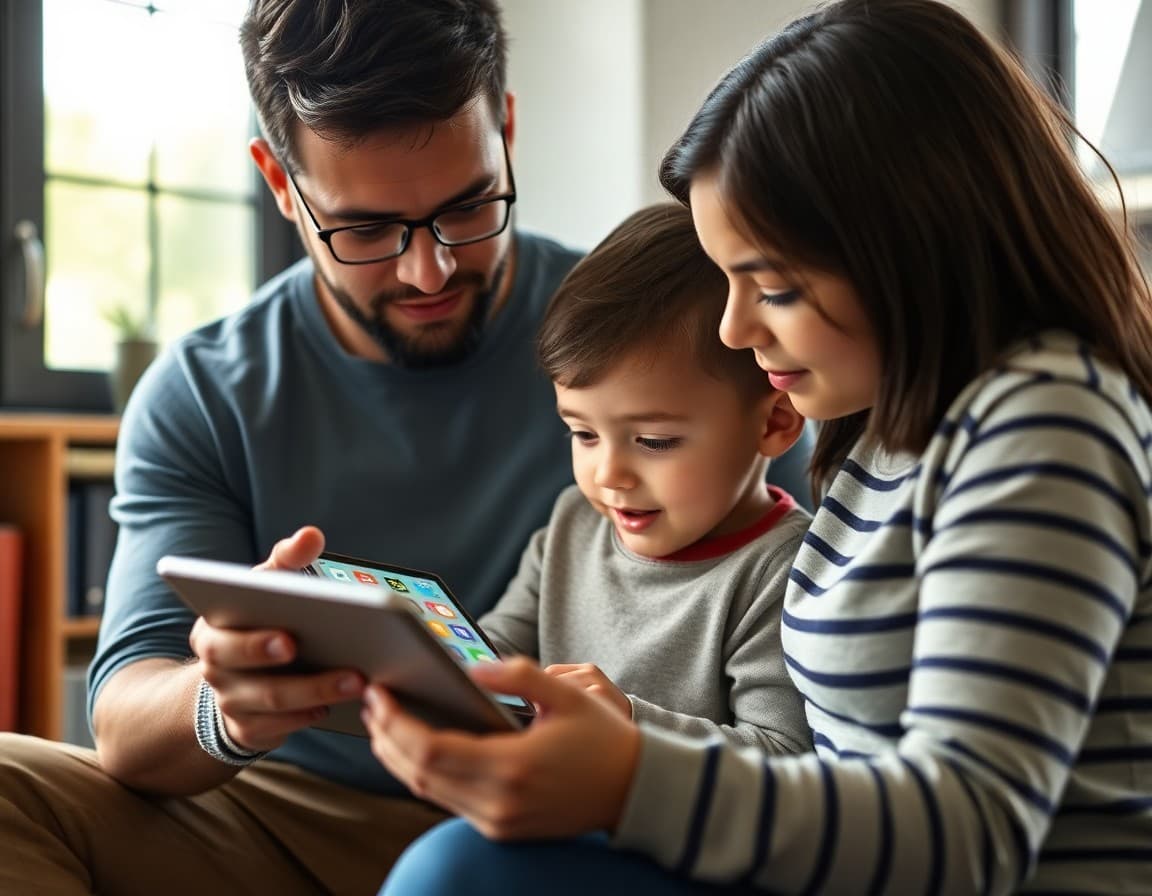 Child and parent looking at an educational app together on a tablet at home