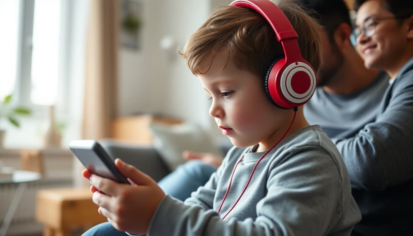 Kindergartner watching a tablet with headphones in a living room setting with a parent nearby