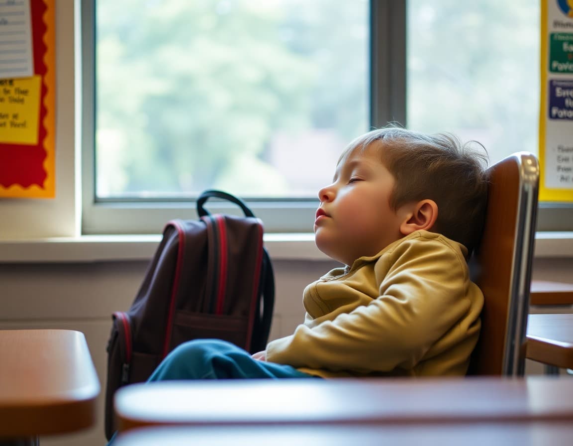Kindergartner sleeping soundly with a backpack visible on a chair nearby ready for school