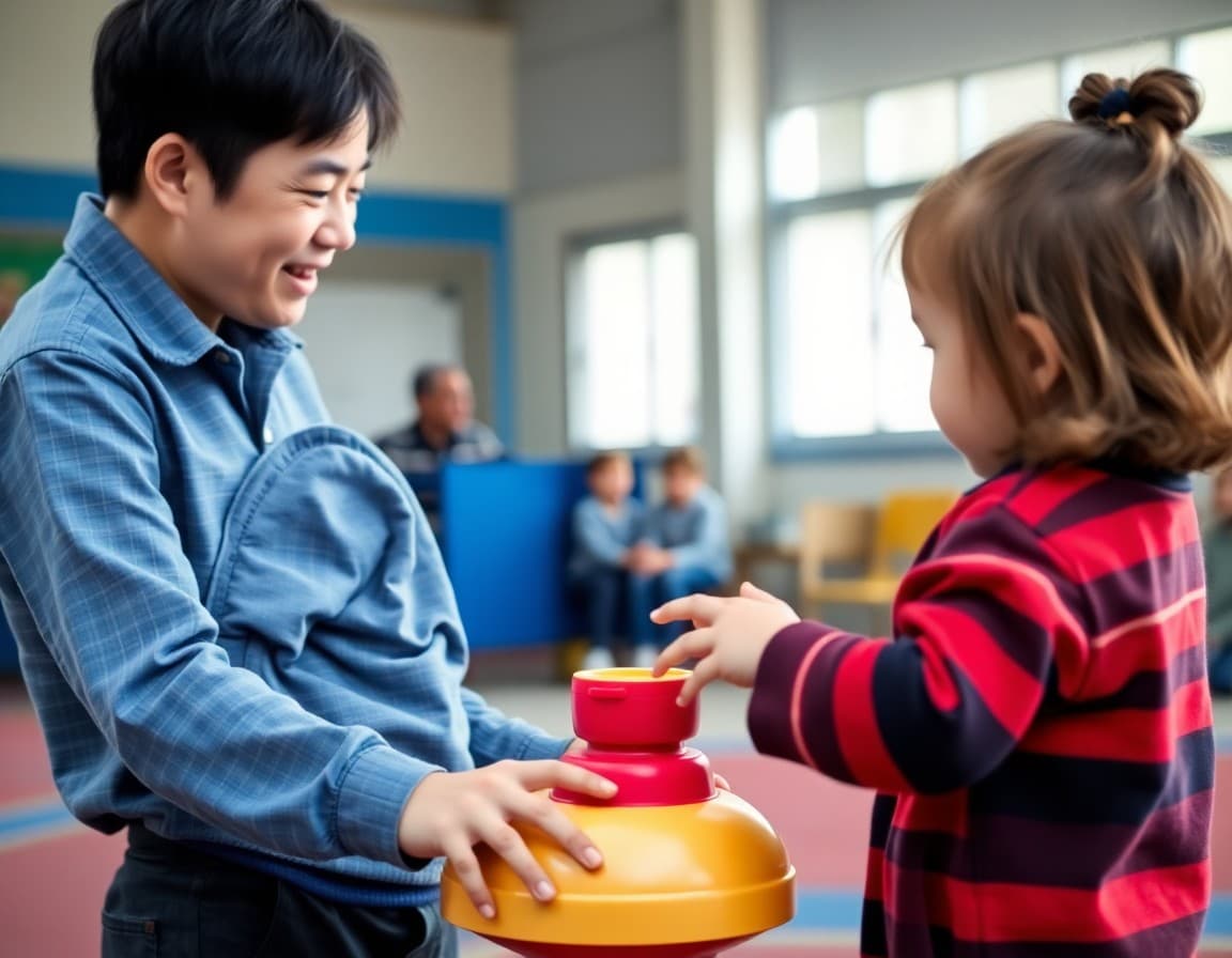 Child sharing a toy with another child on a playground while a parent watches