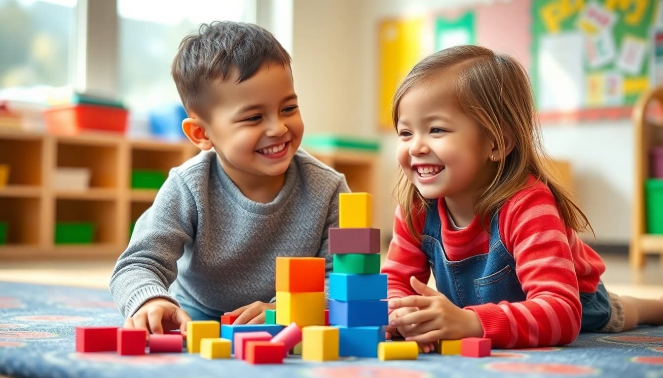 Two kindergartners playing together with blocks on a classroom rug smiling