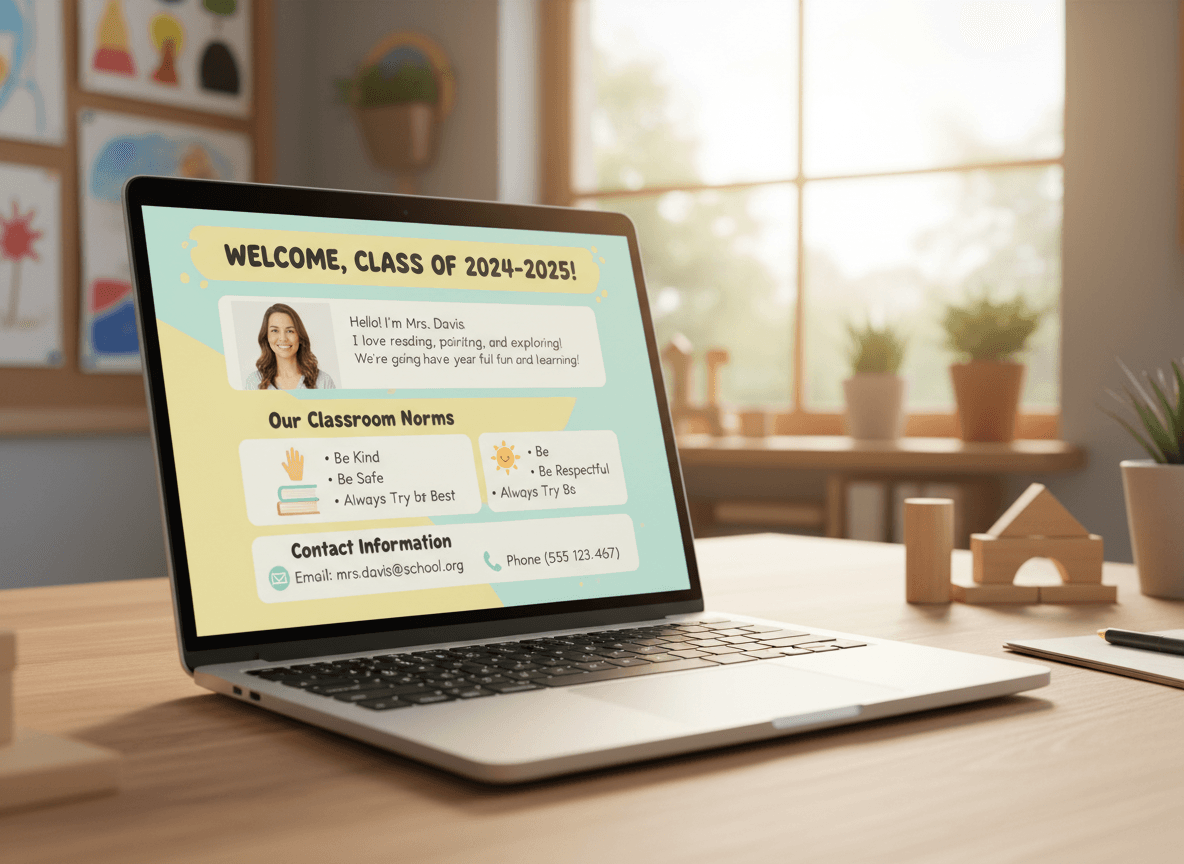 A kindergarten welcome newsletter on a laptop showing teacher introduction, classroom norms, and contact information