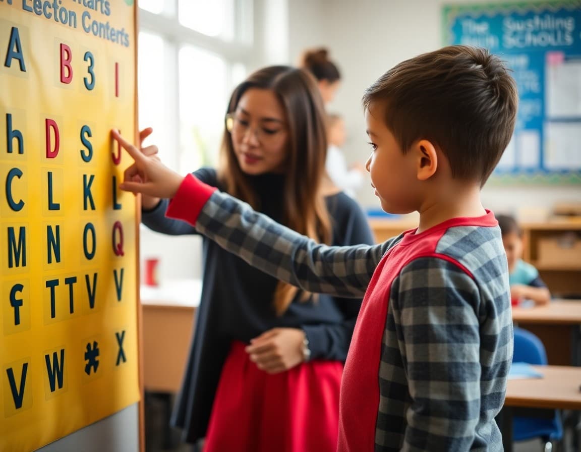 Kindergartner pointing at letter alphabet chart practicing letter sounds with teacher guidance