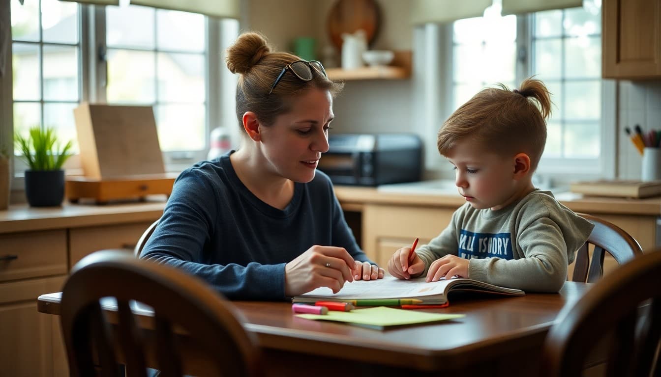 Parent working on phonics and letter sounds with kindergartner at kitchen table at home