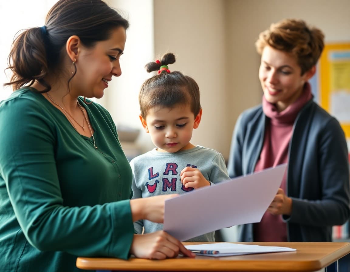 Kindergarten teacher and parent reviewing child readiness checklist items during school visit