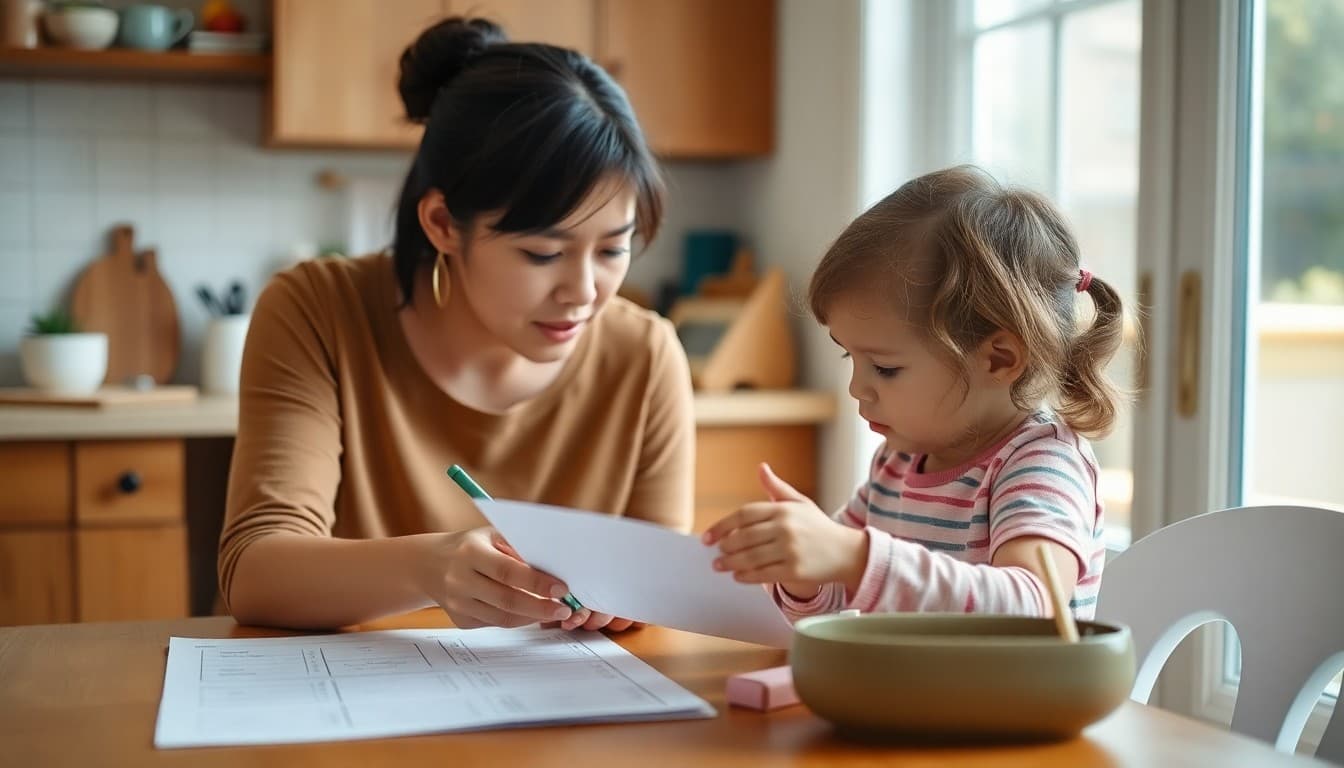 Parent reviewing kindergarten readiness checklist with preschool child at home kitchen table
