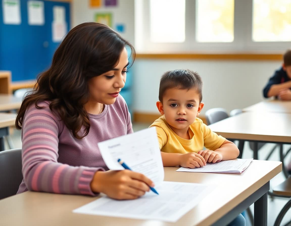Parent and child sitting at kindergarten registration table with enrollment paperwork