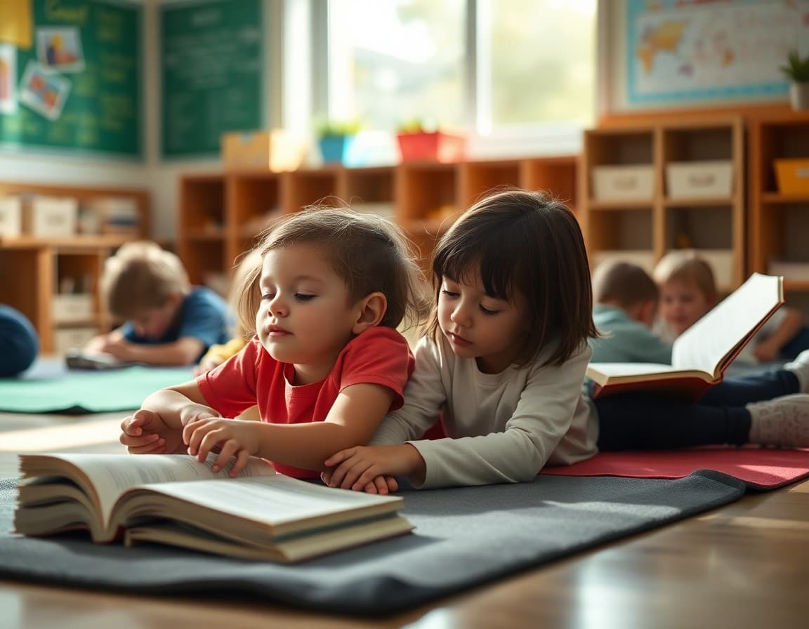 Young kindergarten students resting or reading quietly on floor mats during rest time