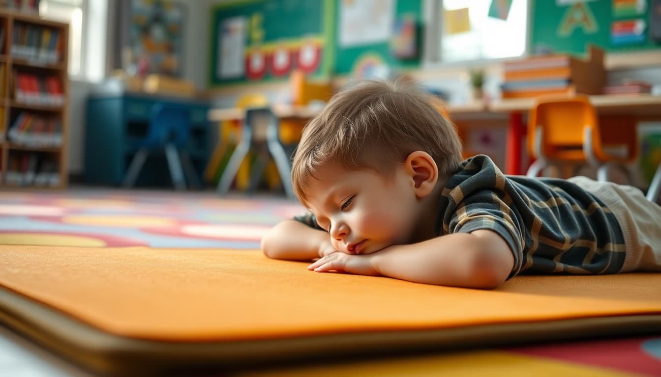 Kindergartner resting on mat during quiet time in colorful classroom during school day