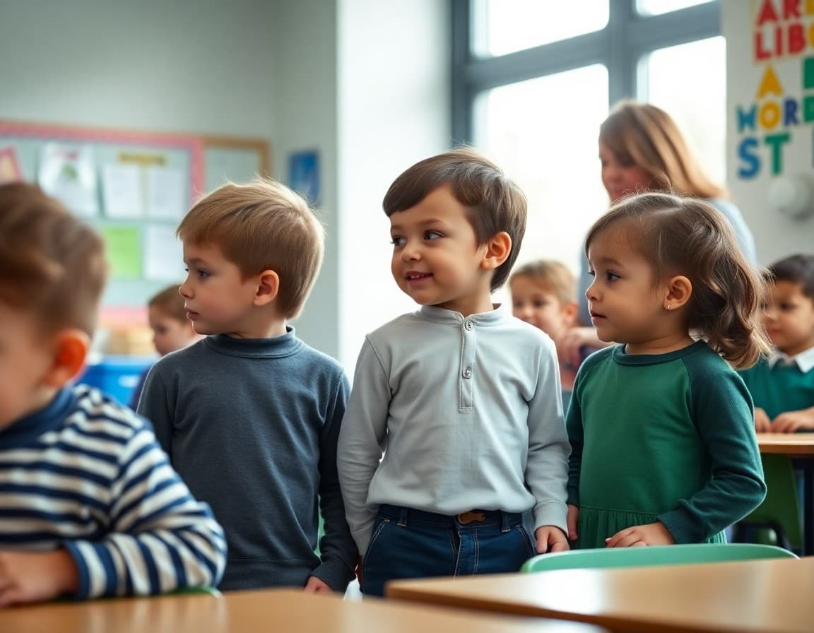 Kindergarten children touring classroom with teacher and parents during pre-school visit day