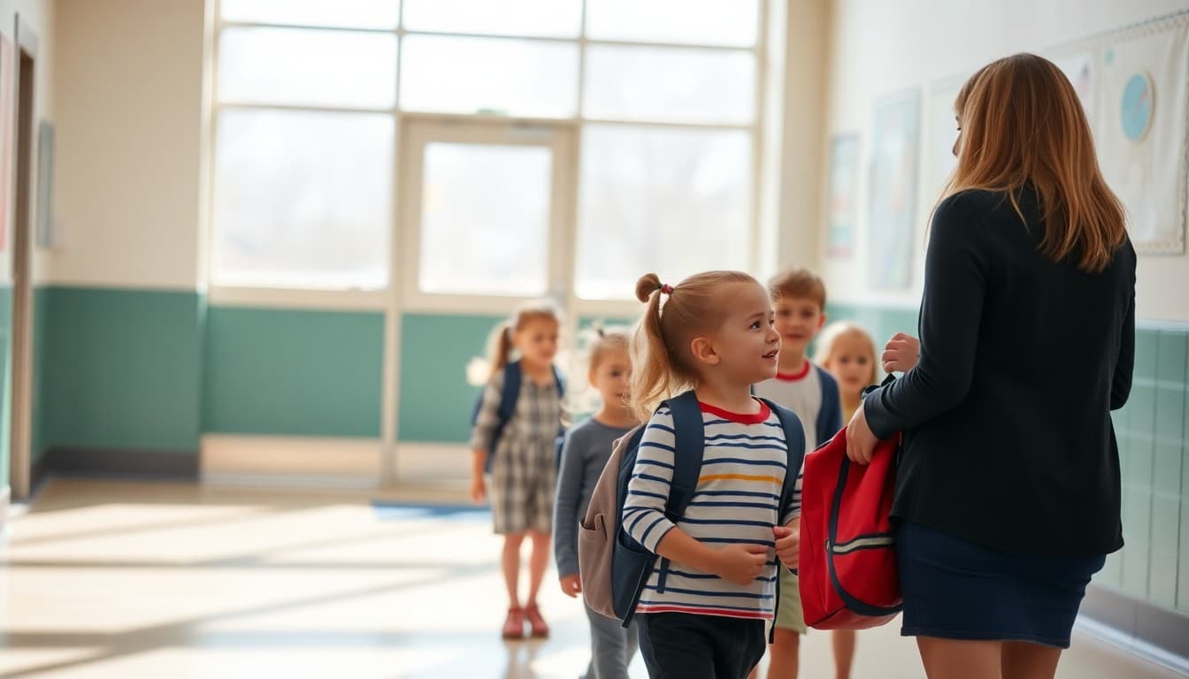Incoming kindergartners visiting school building with teacher before the school year starts