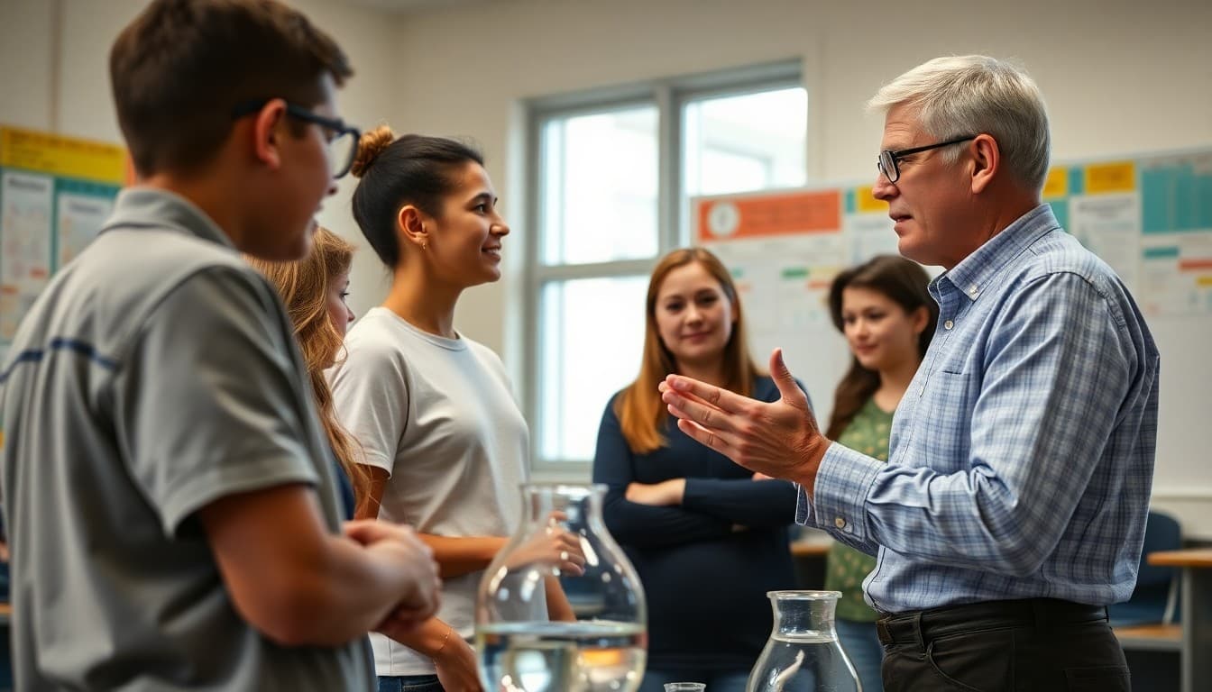 Grade teacher explaining science unit concepts to curious parents at family night