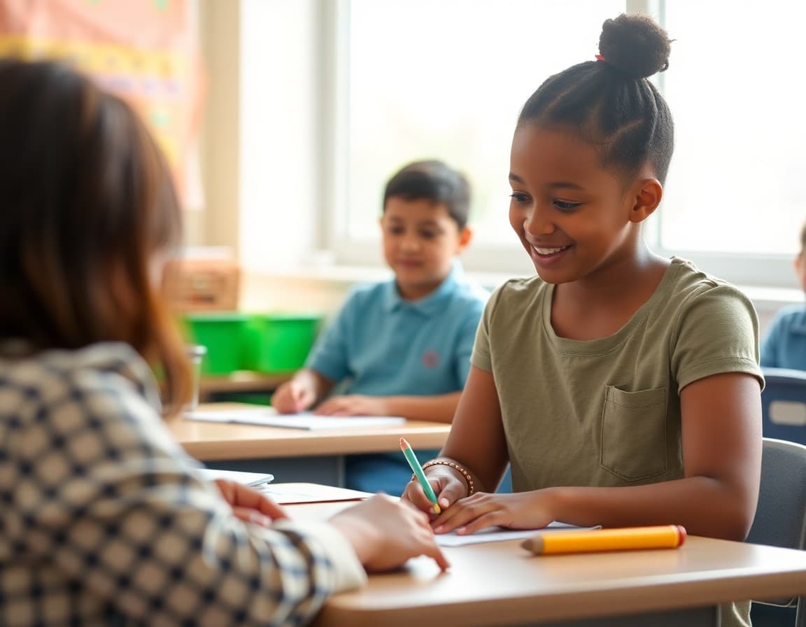 Kindergarten child completing developmental screening activities with teacher before school starts