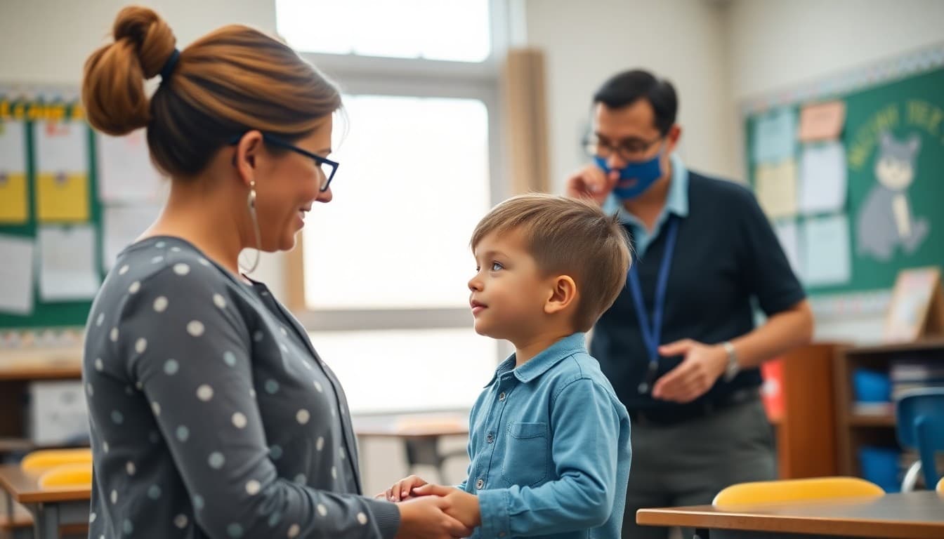 School staff screening incoming kindergartner for developmental readiness in welcoming classroom