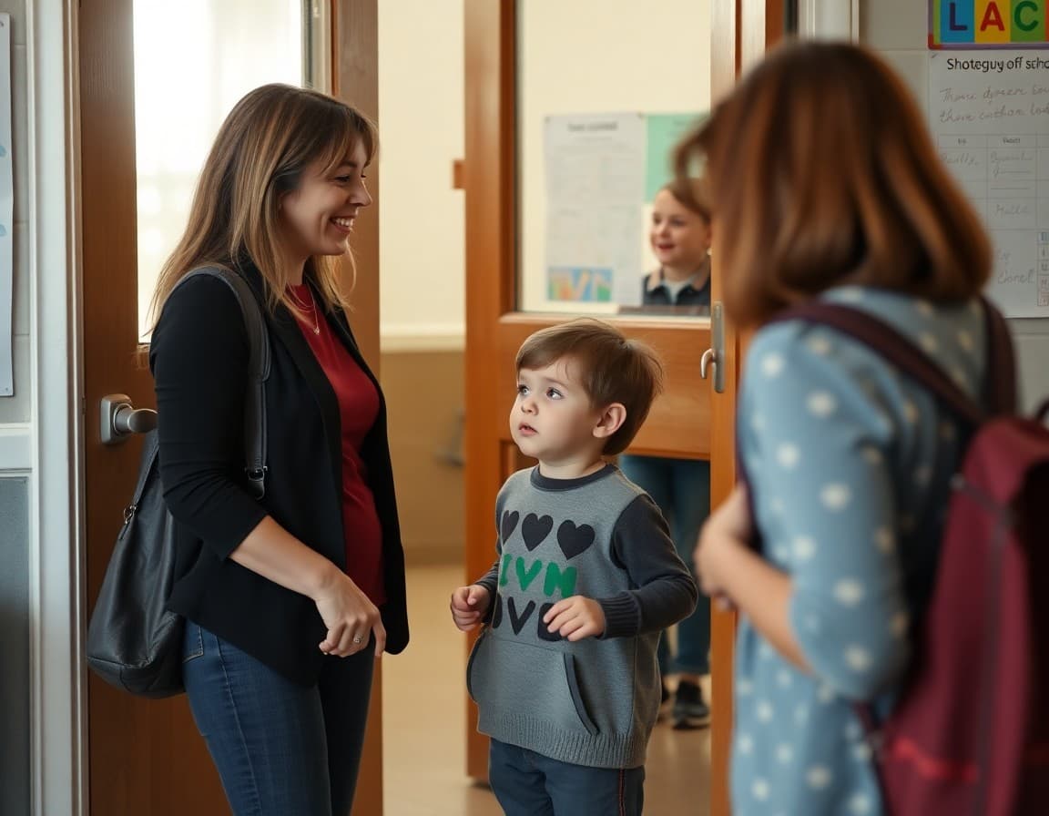 Kindergarten teacher welcoming nervous child at classroom door during morning drop off