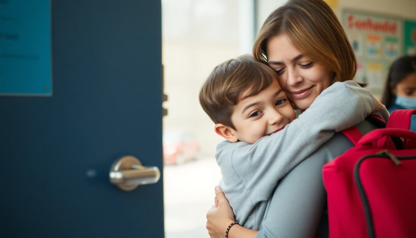 Parent calming anxious kindergartner at school door on first day with warm goodbye hug