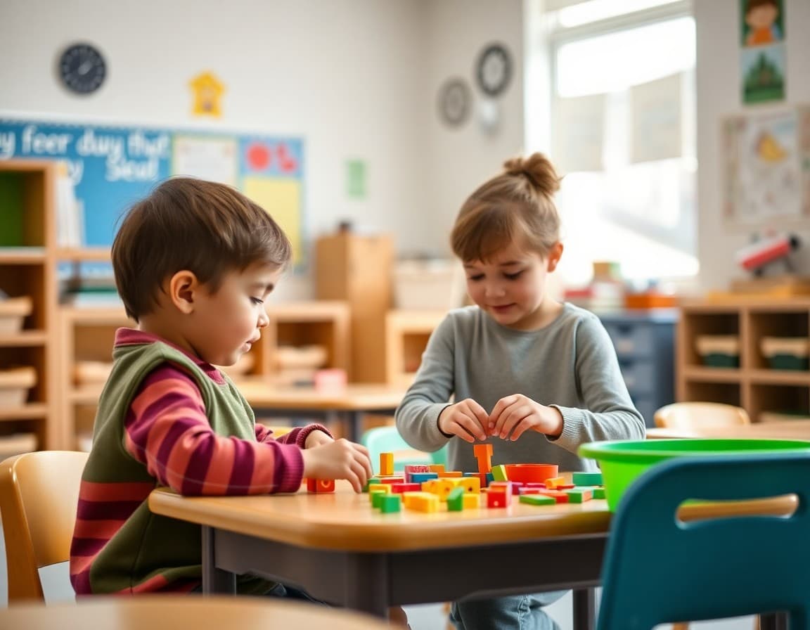 Two kindergartners taking turns with classroom manipulatives while teacher observes and guides