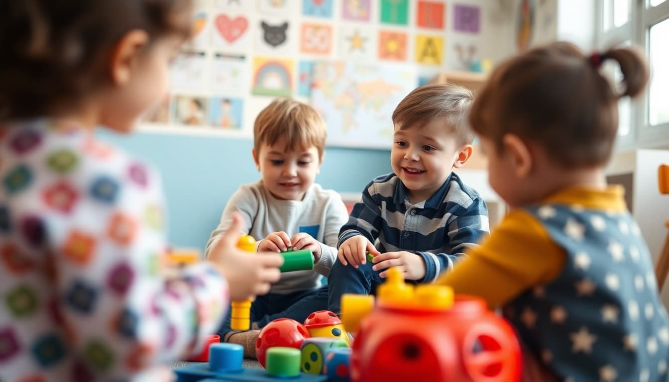 Kindergartner learning to share toys with classmates during circle time in colorful classroom