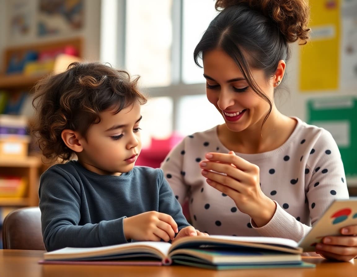 Child and teacher reviewing sight word cards together during kindergarten reading lesson