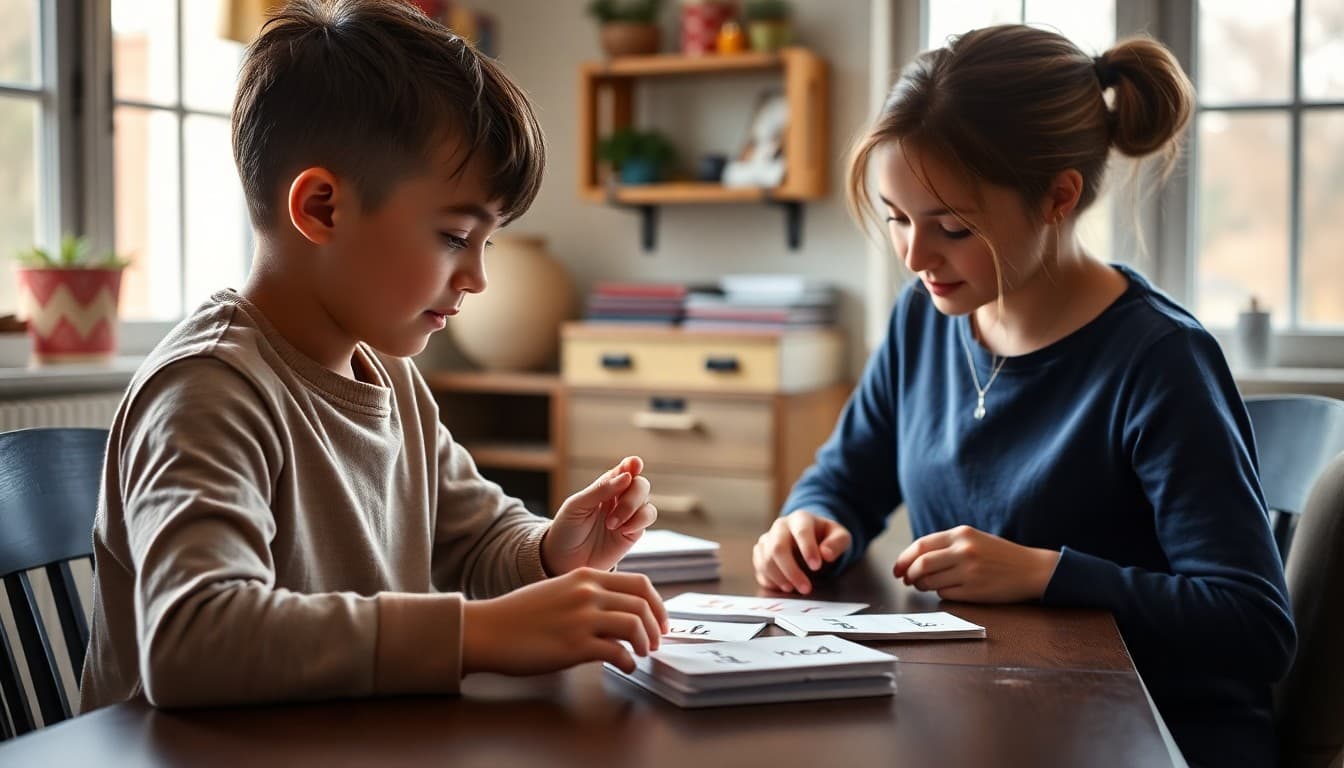 Kindergartner practicing sight word flashcards with parent at home table for reading practice
