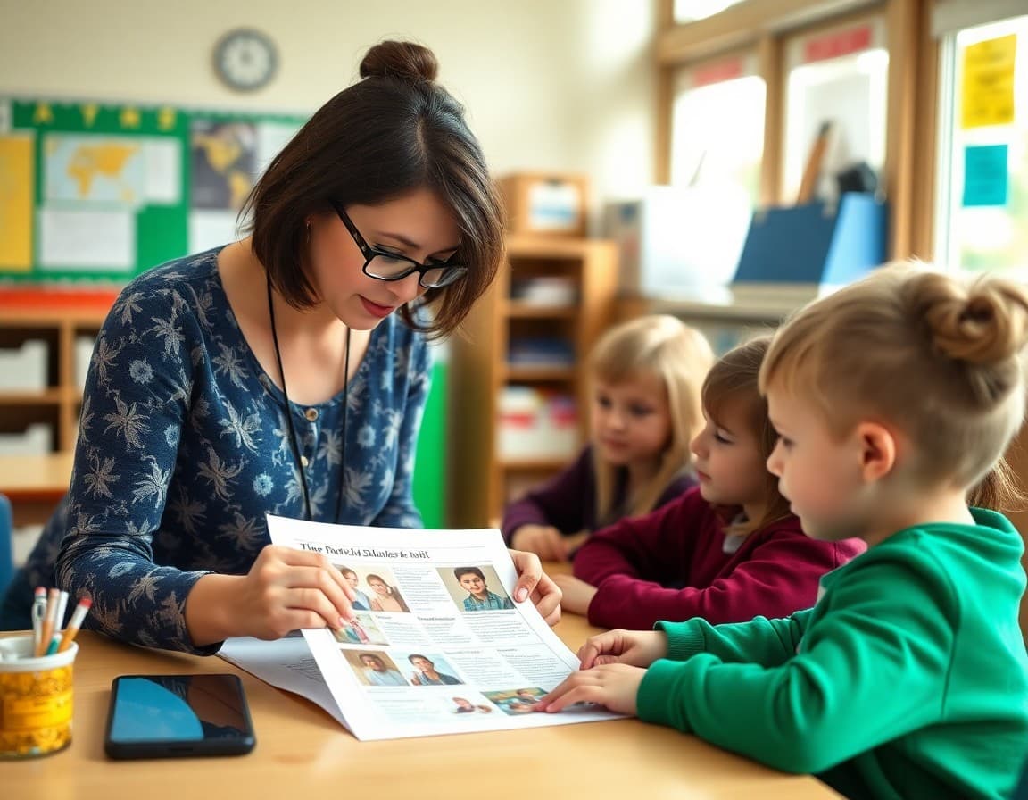 Kindergarten teacher preparing social studies unit newsletter with student photos