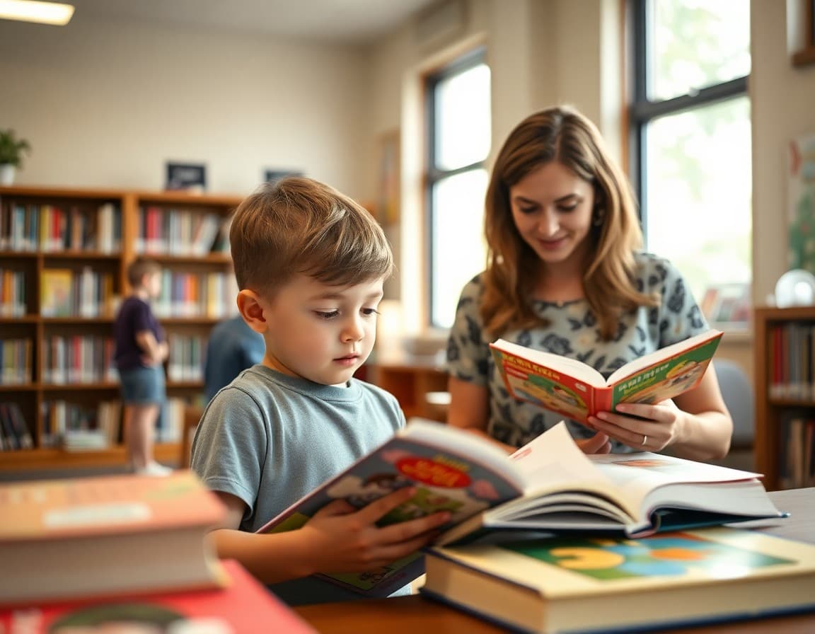 Kindergarten age child browsing library books during summer reading program with parent