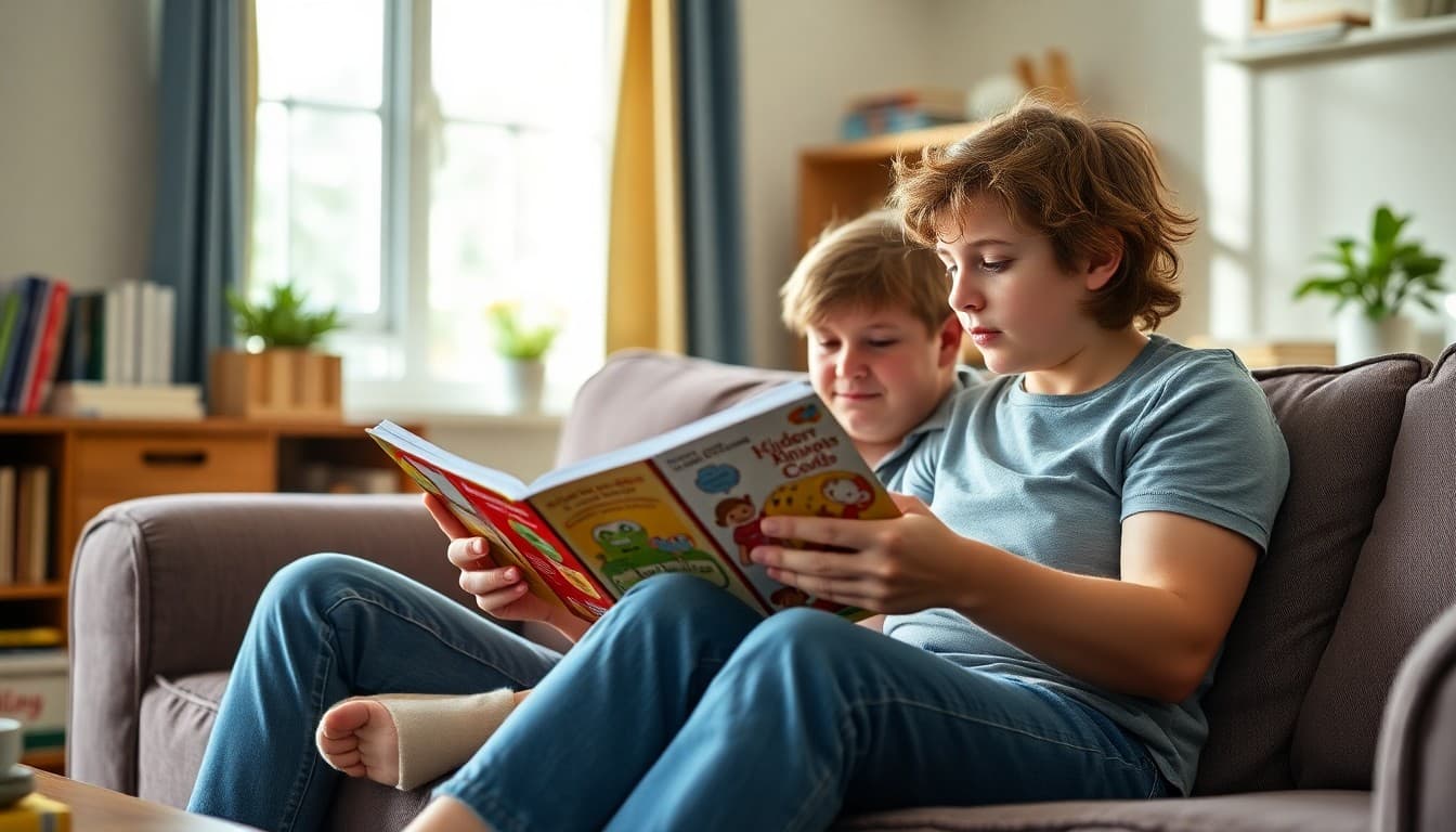 Parent reading summer books to incoming kindergartner on couch at home before school starts