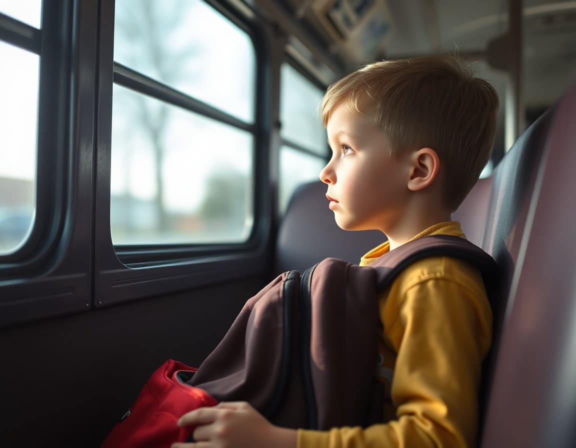 Child sitting in a school bus seat with a backpack in their lap looking out the window