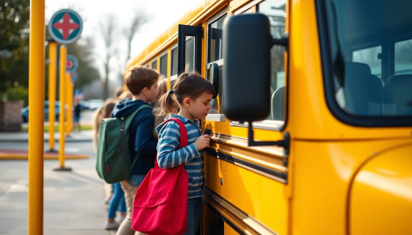 Yellow school bus with kindergartners boarding in the morning at a bus stop