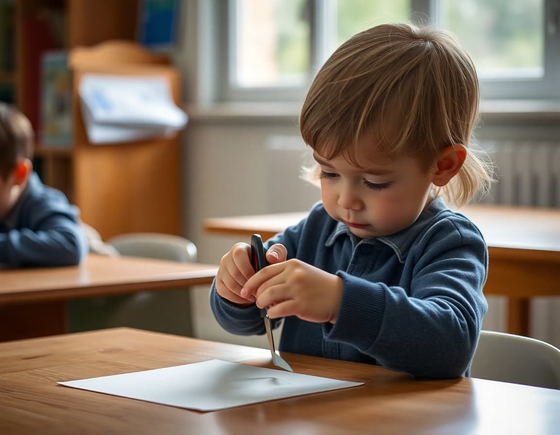 Kindergartner cutting paper with child scissors while concentrating carefully