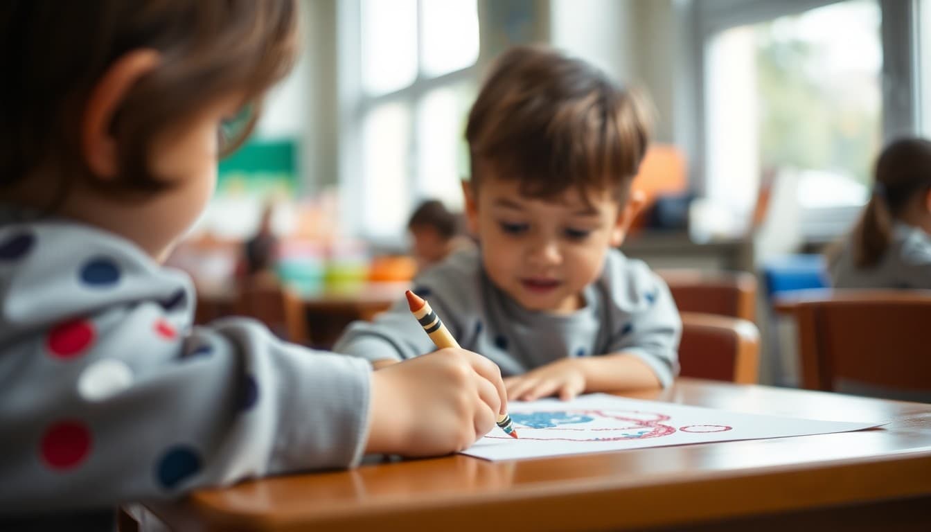 Child holding a crayon with proper grip drawing a picture at a kindergarten table