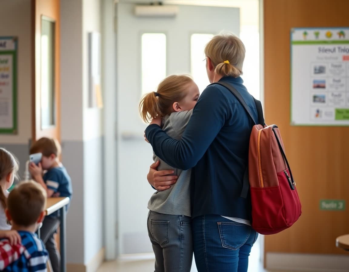 Parent hugging child at kindergarten classroom door on the first morning