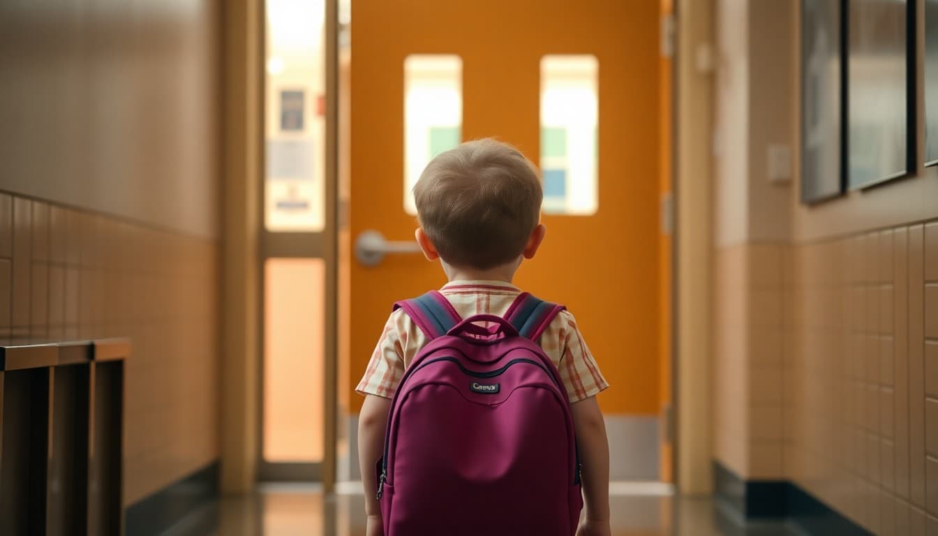 Child walking through school doors with a backpack on first day of kindergarten