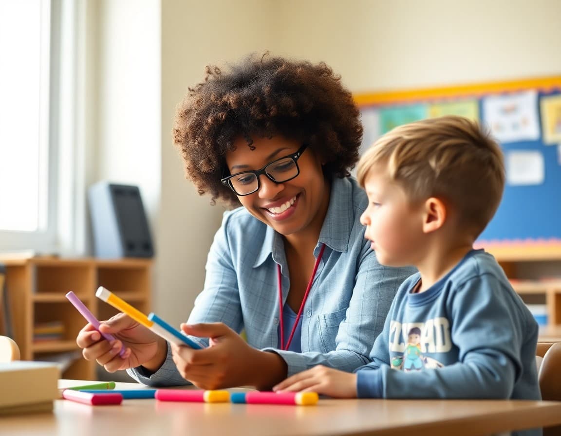 Teacher and kindergartner having a one-on-one conversation during classroom activity