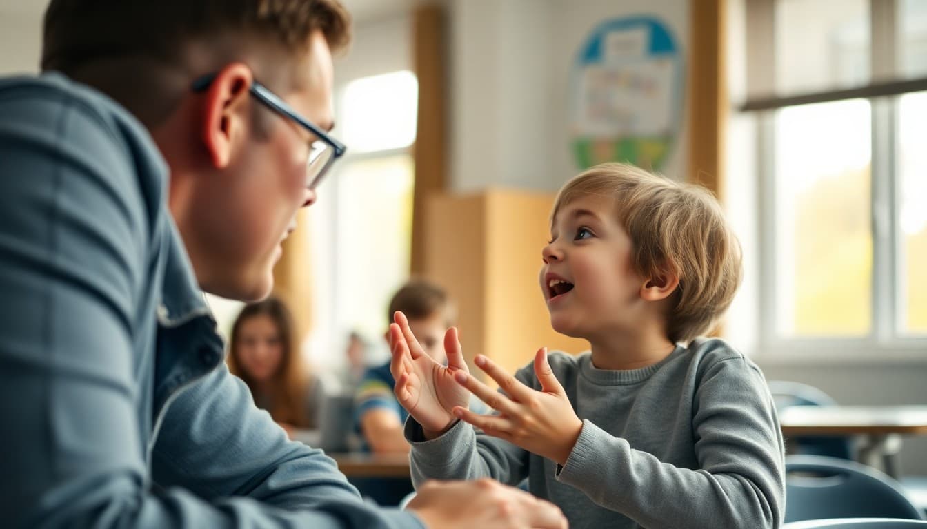 Child speaking and gesturing enthusiastically to a parent during conversation
