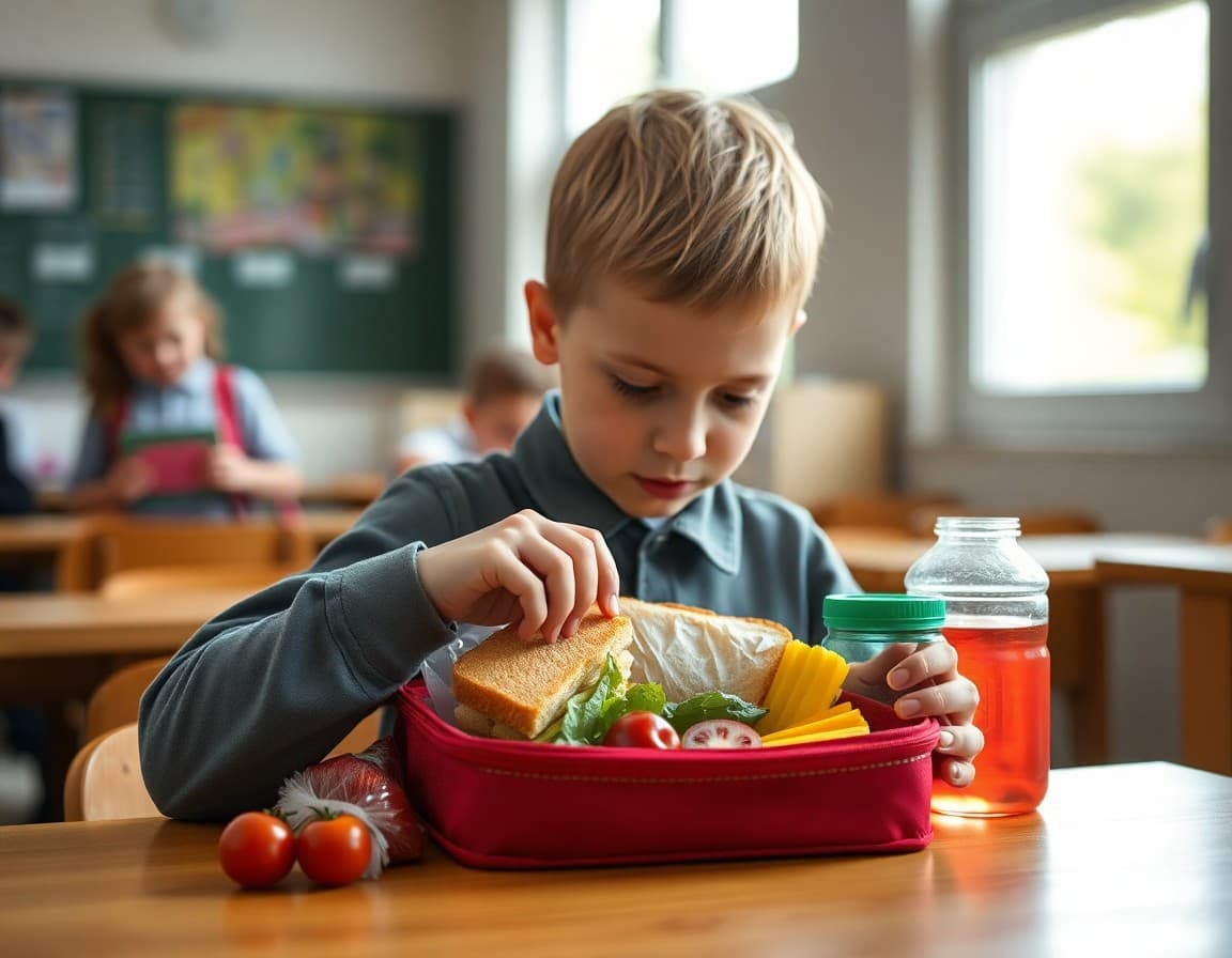 Child opening a lunchbox at school with sandwiches fruits and a drink visible