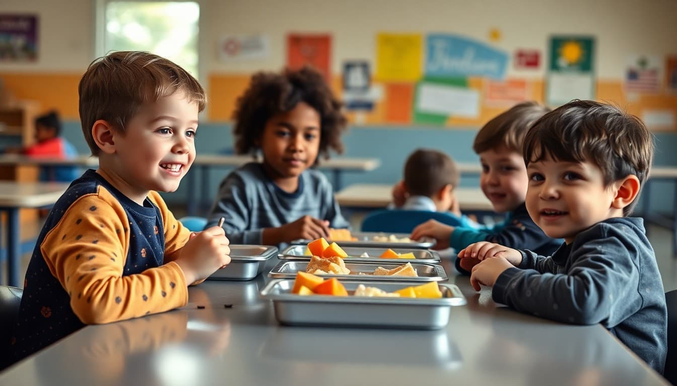 Kindergartners sitting together at a cafeteria table eating lunch at school