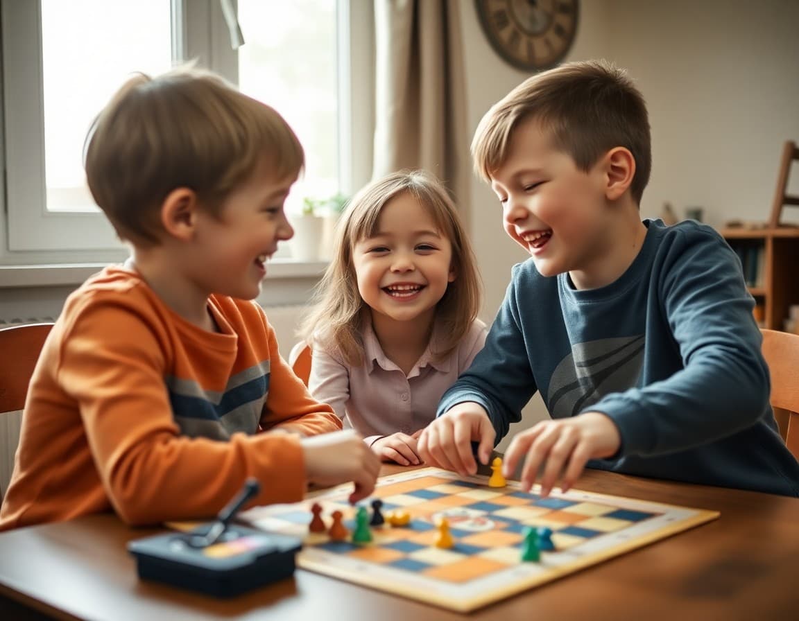 Two children playing a board game together at a home playdate laughing