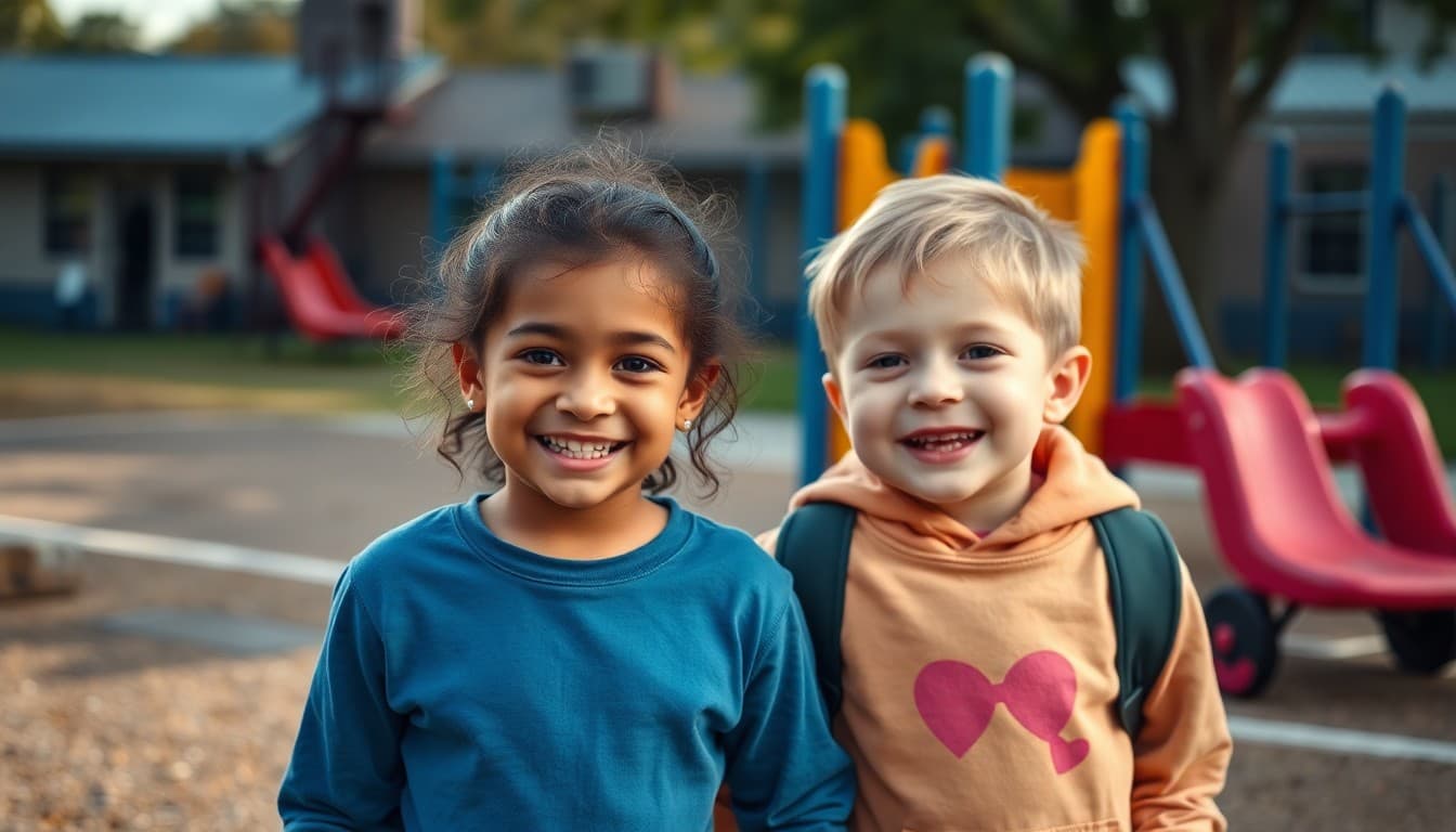 Two kindergartners smiling and walking together at recess on a playground