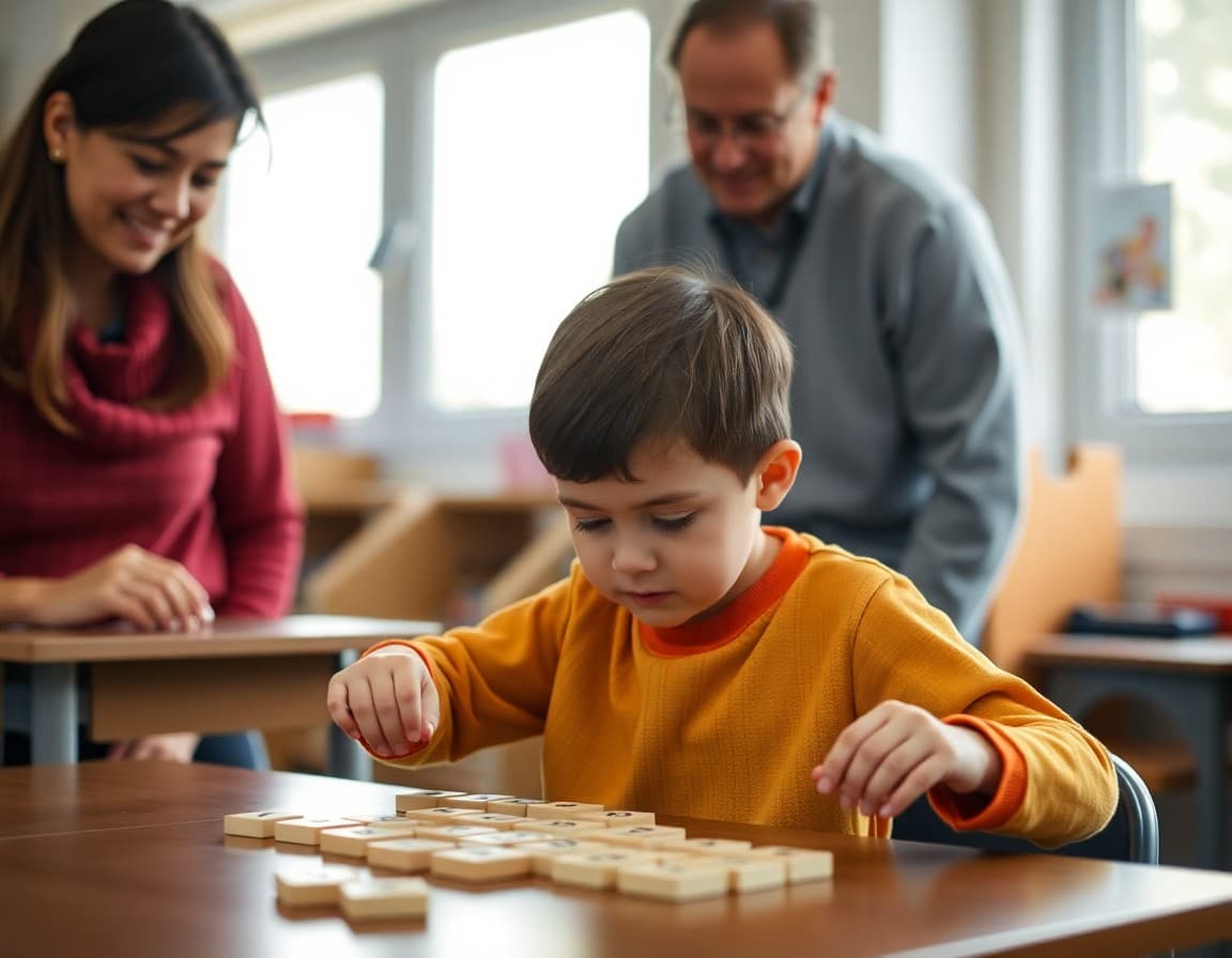 Kindergartner arranging number tiles in sequence while a parent observes