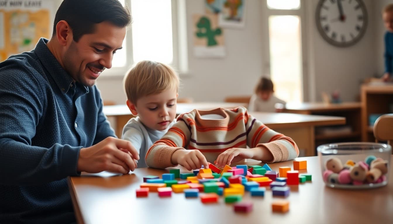 Child sorting colorful shapes and counting objects at a table with parent
