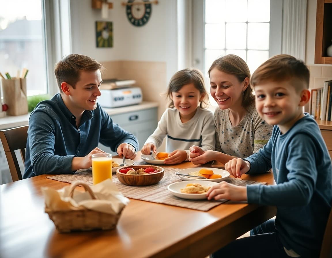 Family having breakfast together at the kitchen table on a school morning