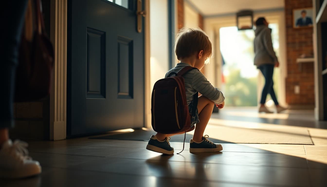 Child putting on shoes with backpack ready at the front door in morning light