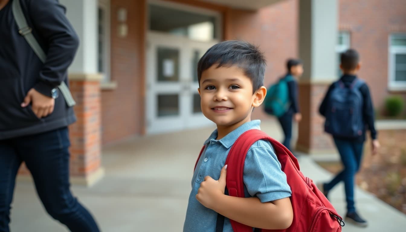 Five-year-old standing confidently outside a school building with a backpack