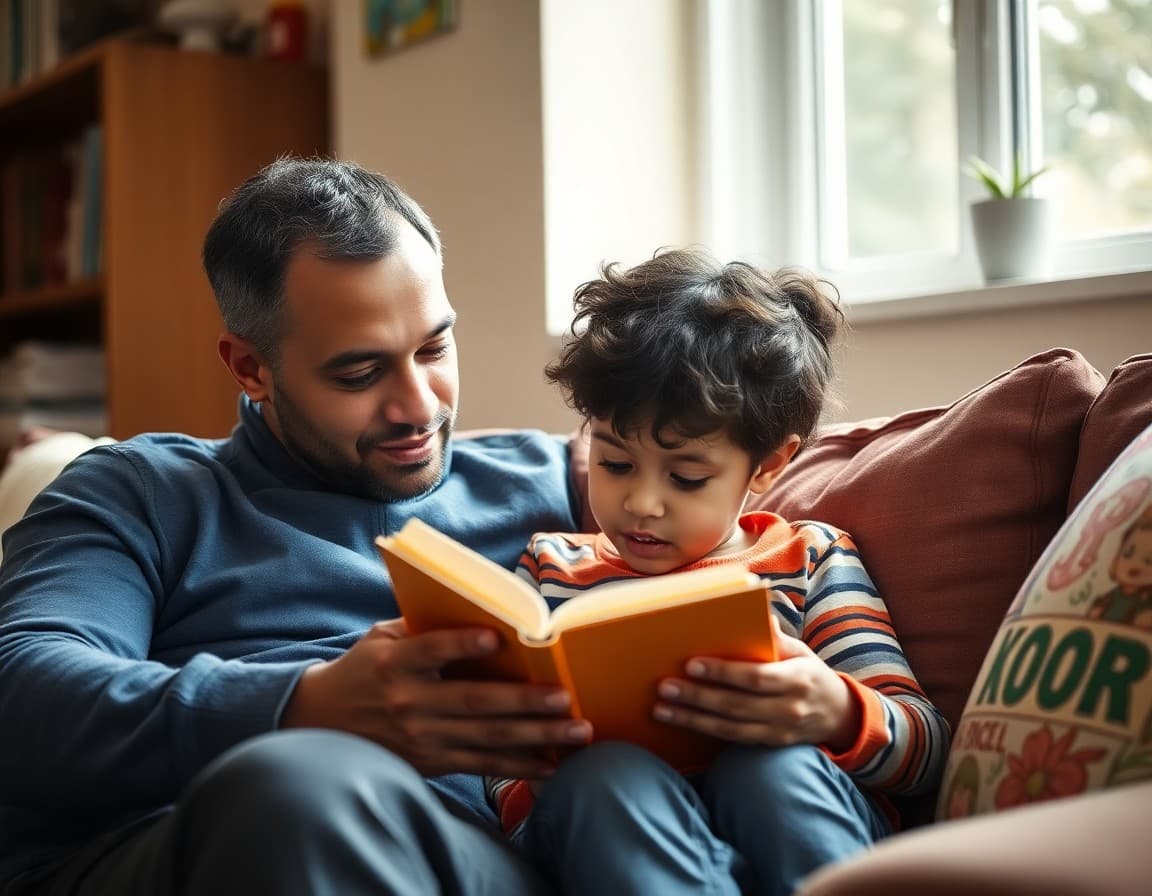Parent and child reading together on a couch with the book visible between them